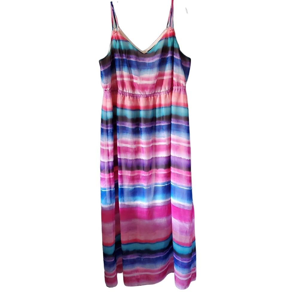 Lane Bryant Size 18/20 Watercolor Chiffon Strappy Striped Colorful Maxi Dress - Picture 2 of 14